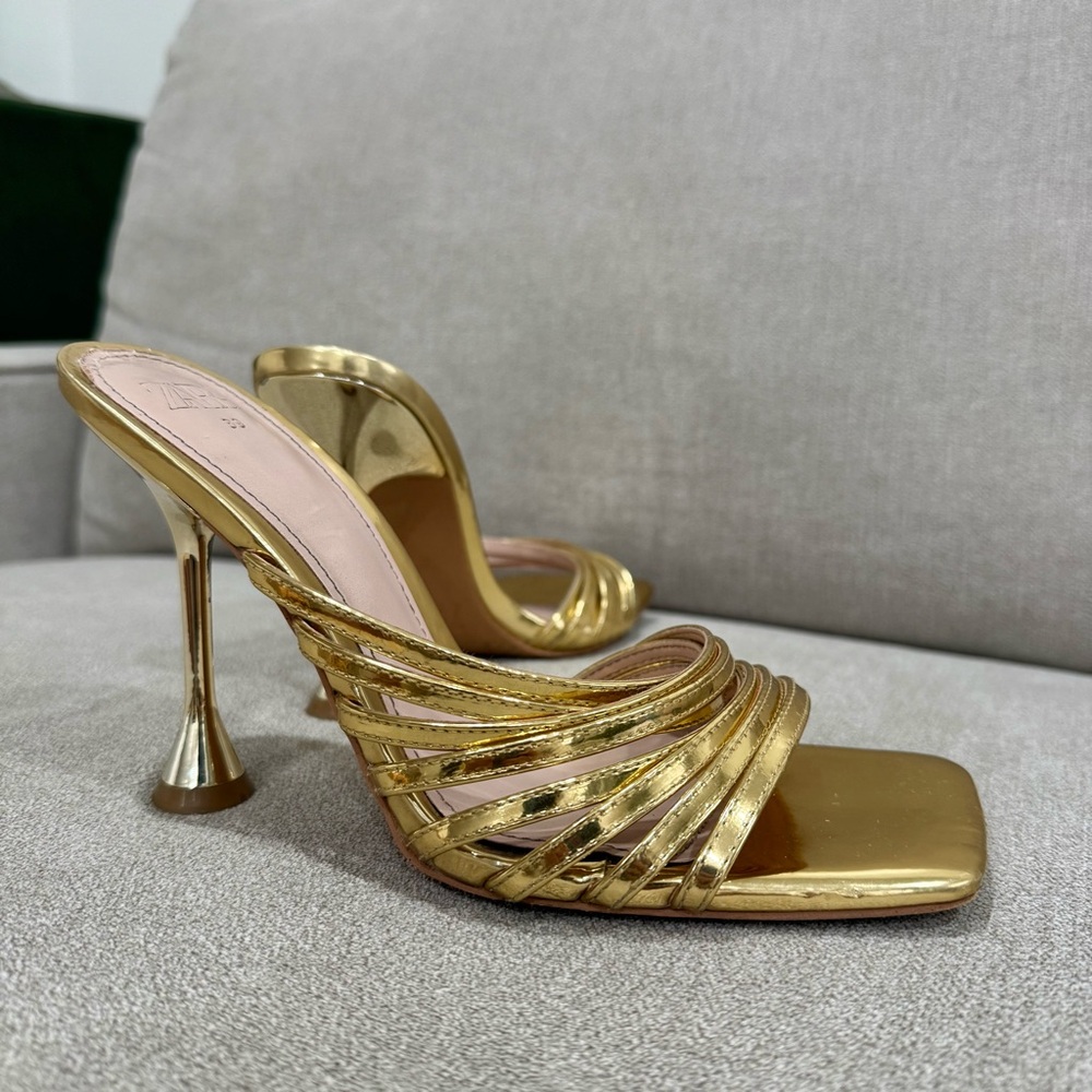 Zara Gold Strappy Heels Size 39, 8.5 US